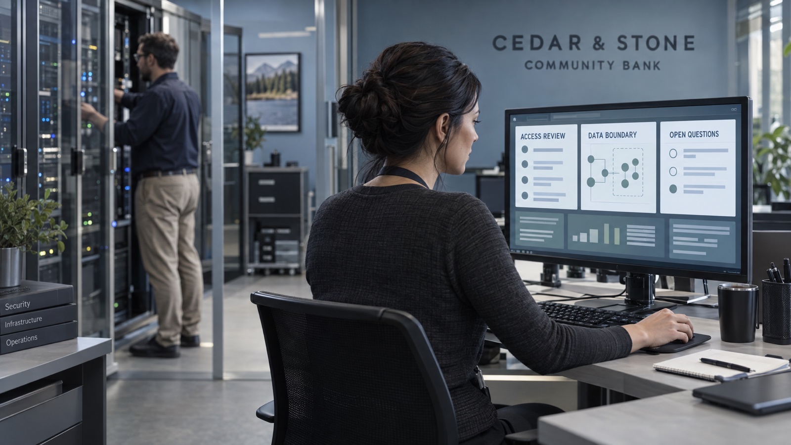 AI-generated illustration of a security specialist reviewing demo access and data-boundary information in a fictional Cedar & Stone Community Bank operations room