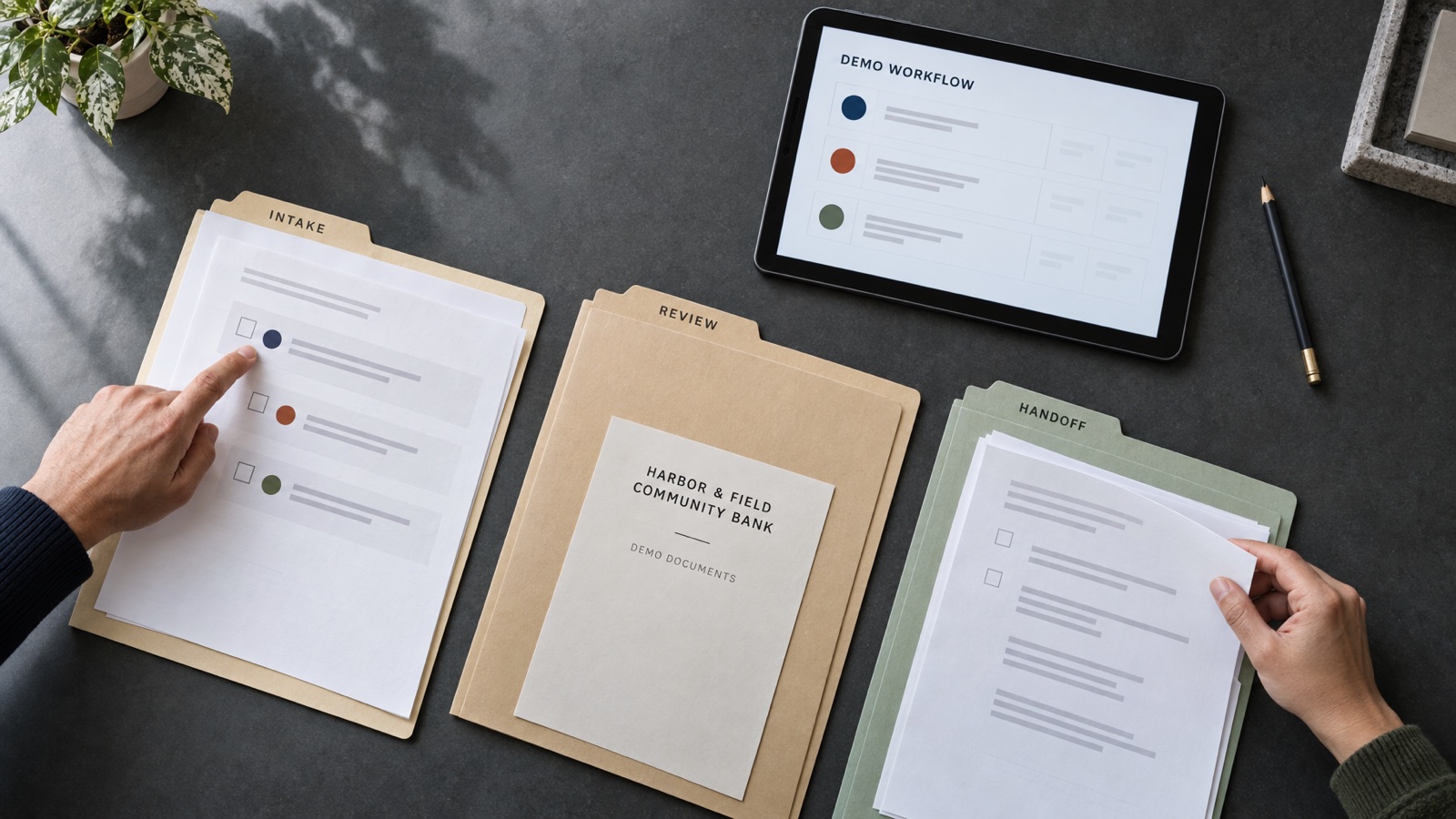 AI-generated overhead illustration of demo intake, review, and handoff documents with a tablet for fictional Harbor & Field Community Bank