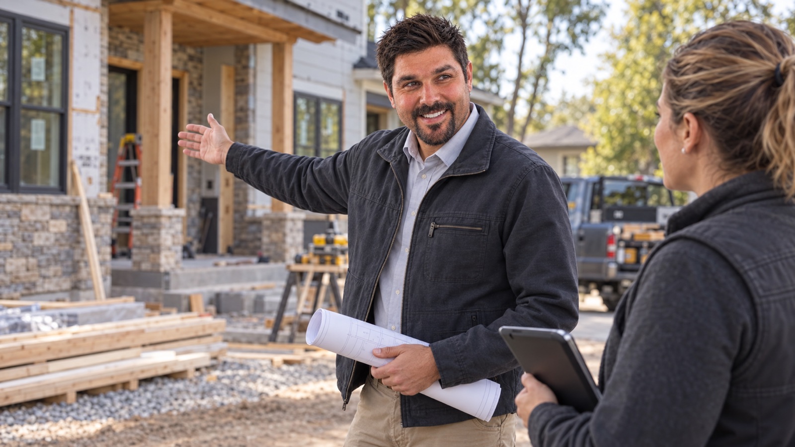 AI-generated illustration of a male construction-company owner explaining a residential project plan to a colleague