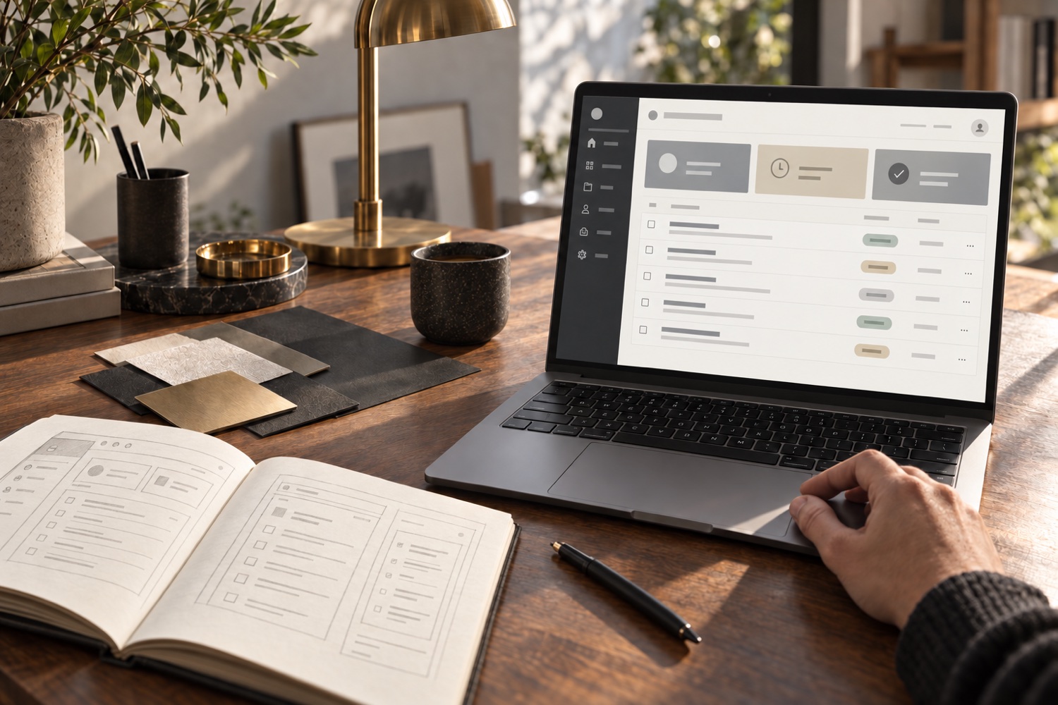 AI-generated illustration of a paper business-tool sketch beside a laptop displaying a service-request portal concept