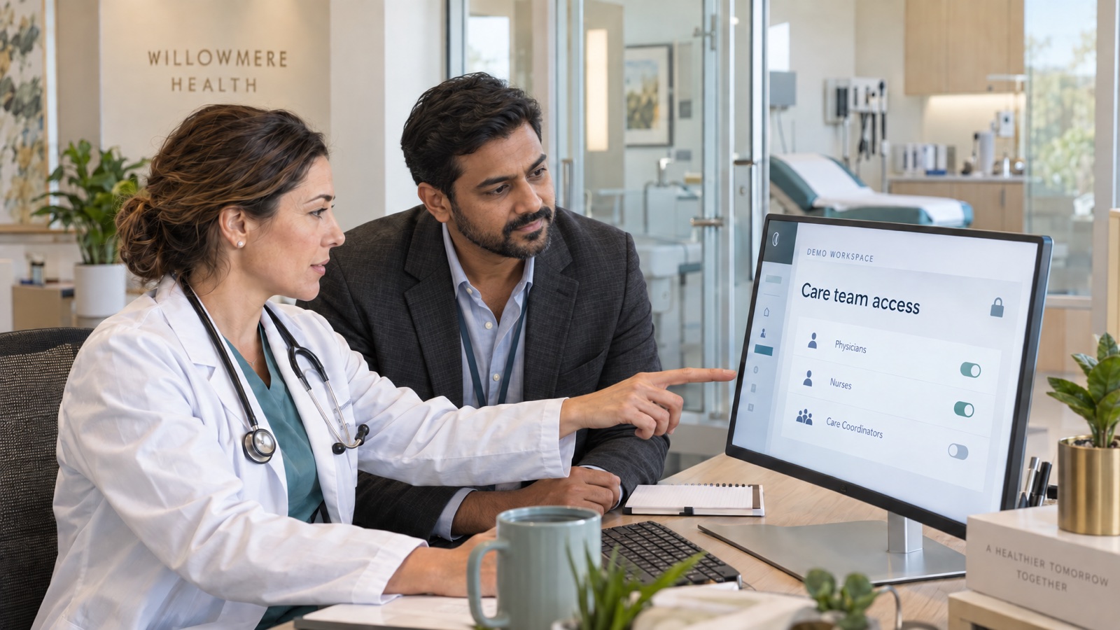 AI-generated illustration of a physician and healthcare IT specialist at fictional Willowmere Health reviewing care-team access in a demo workspace