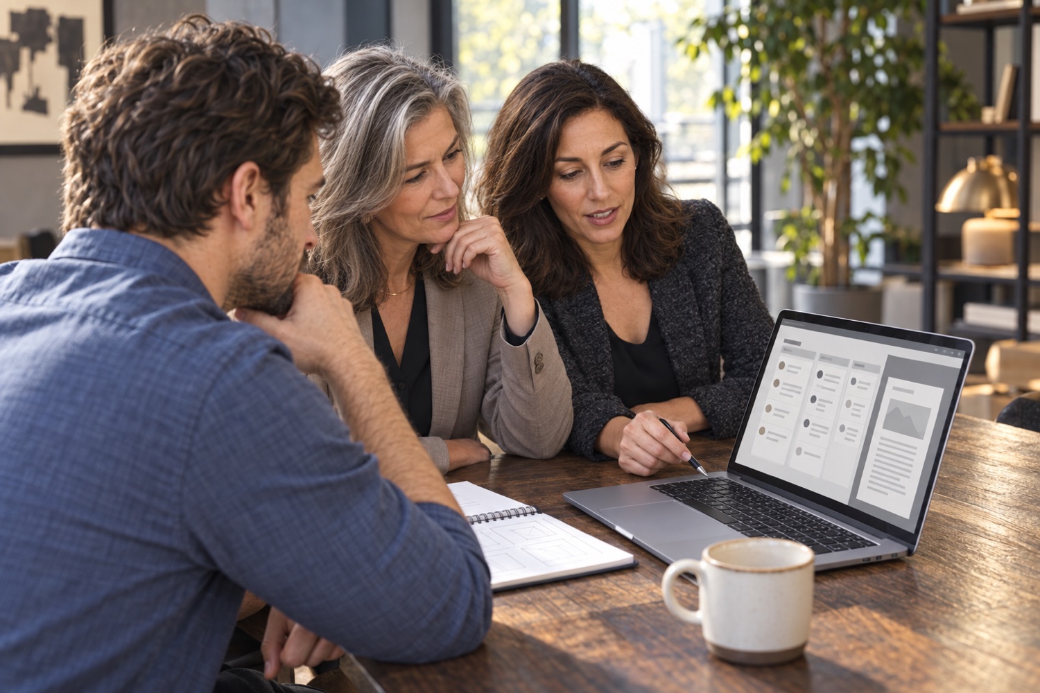 AI-generated illustration of three business colleagues reviewing an idea together